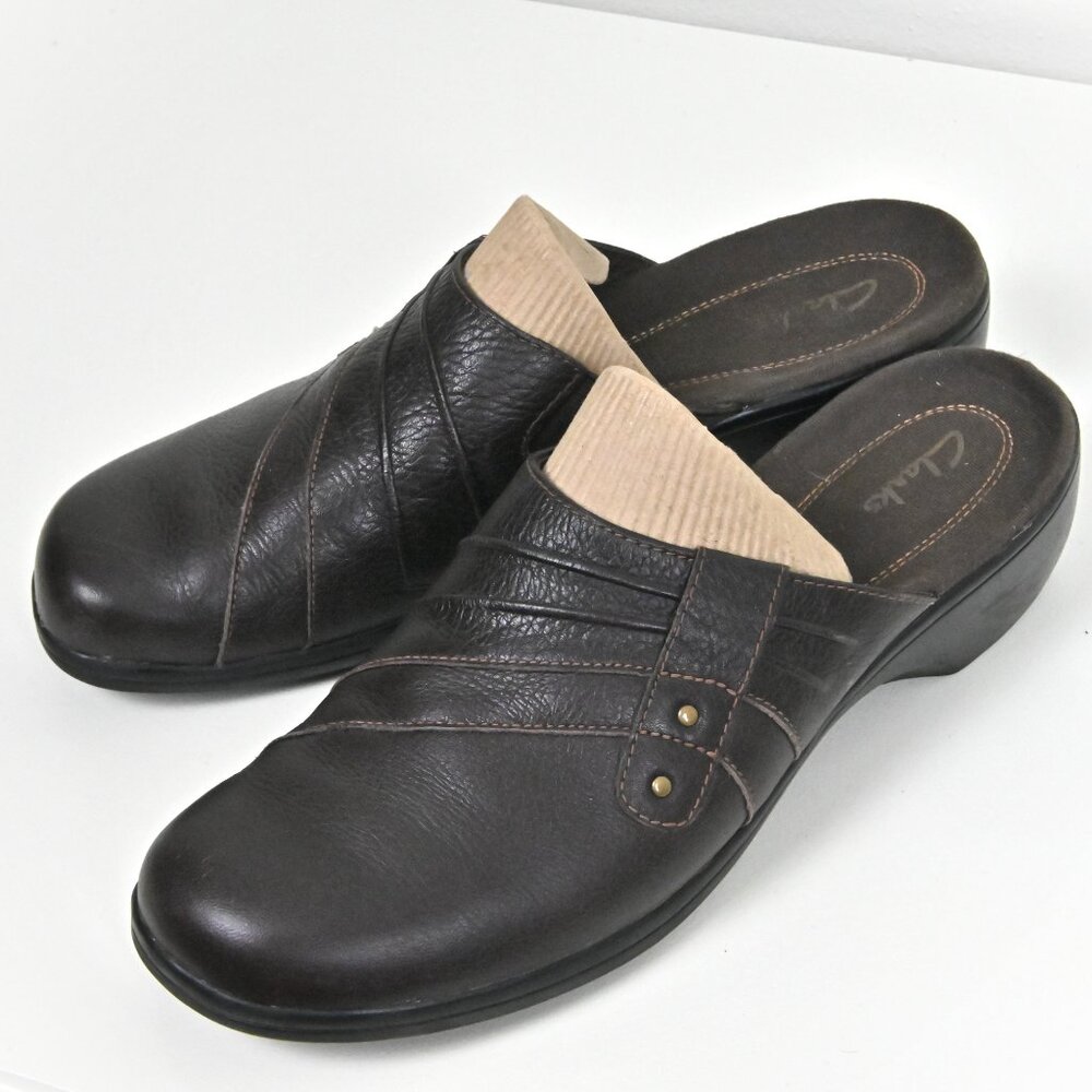 Clarks Leather Backless Slip On Wedge Clogs Mules Black Comfort Shoes US11 UK8.5